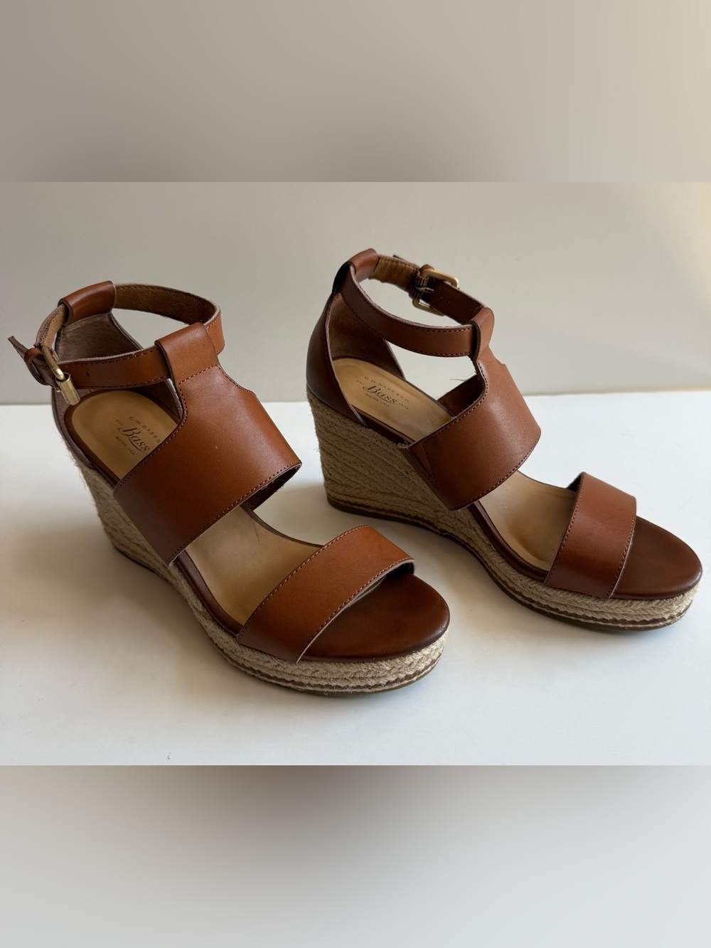 GH Bass & Co Bass Cody Women’s 7.5 M Espadrille Wedge Sandal Faux Leather Cognac